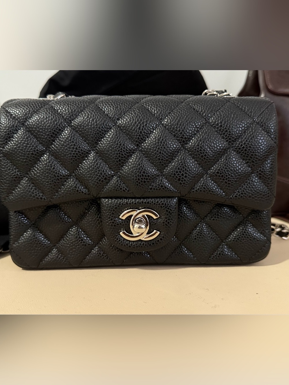 Mini Black Quilted Caviar Leather Shoulder Bag with Silver CC